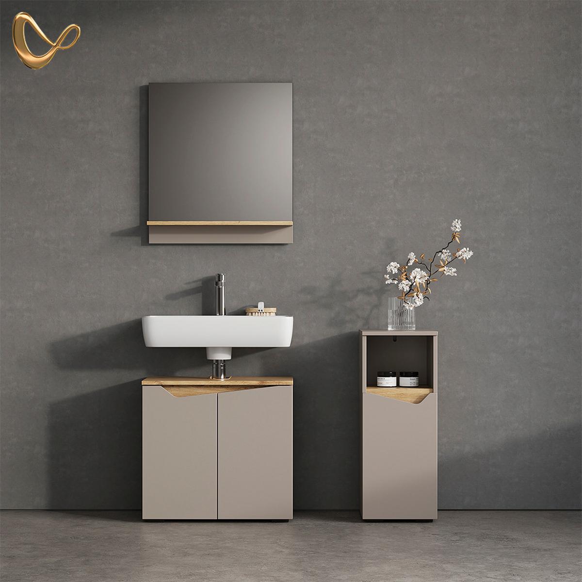 BADMÖBEL-KOMBINATION Timavo Greige 3 Teile, mit Midischrank - Greige, Holzwerkstoff (60/57/35cm) - Livinity®