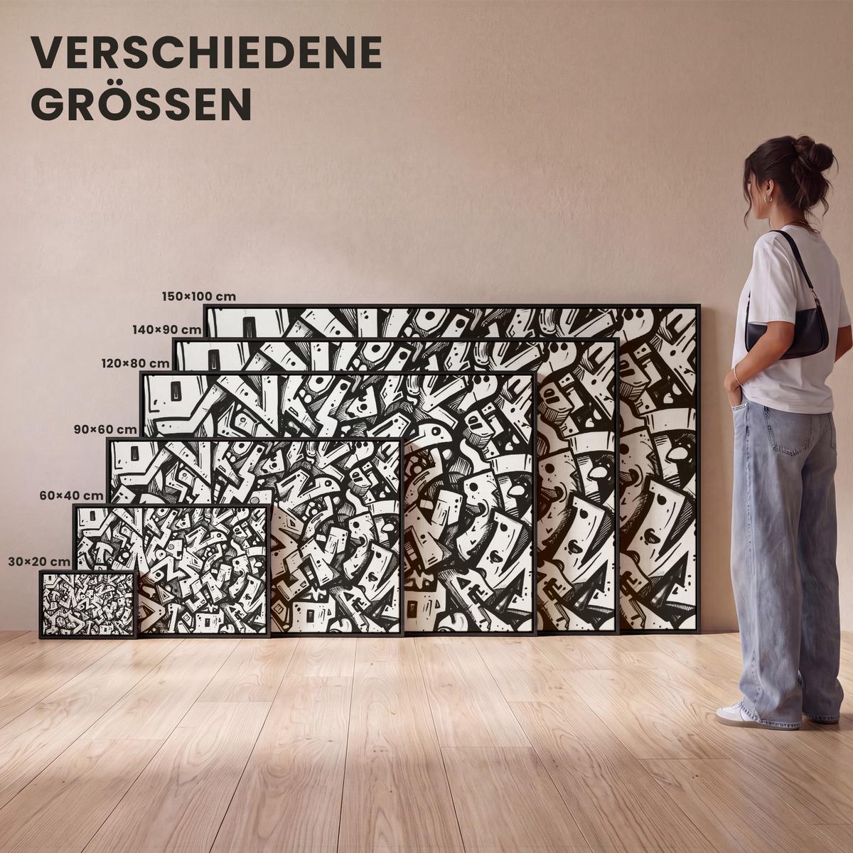 LEINWAND Bilder mit Rahmen - Formen - Buchstaben - Graffiti - Schwarz - 60x40 - Schwarz, Textil (60/40cm) - MuchoWow