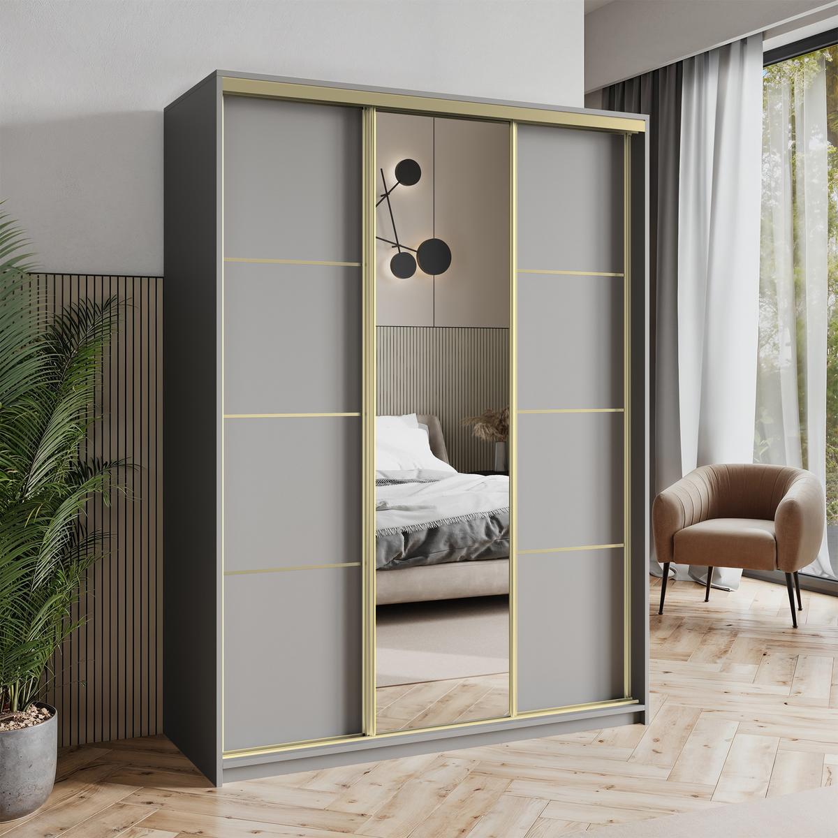 SCHWEBETÜRENSCHRANK VARO 150/205/60 cm 3-türig mit Spiegel Graphitfarben - Graphitfarben, Holzwerkstoff (150/205/60cm) - MASSENO
