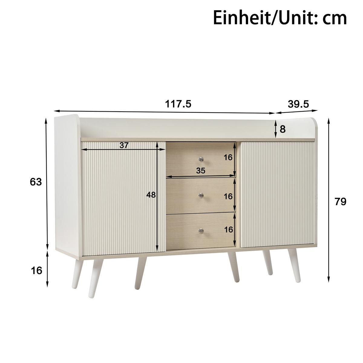 SIDEBOARD mit Schiebetüren & 3 Schubladen, Weiß und Holzoptik - Beige, Holzwerkstoff/Metall (117/79/40cm) - Urban Meuble