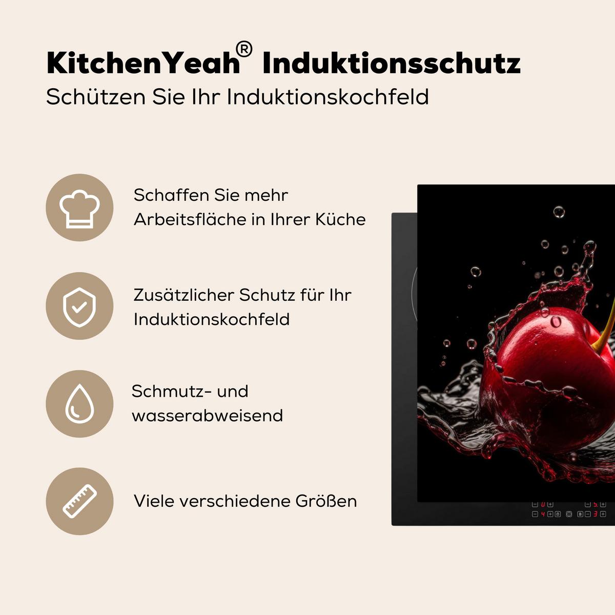 HERDABDECKPLATTE Kirsche - Rot - Frucht - Wasser - Schwarz Abdeckung Ceranfeld 57.6x51.6 cm - Kirschrot, Kunststoff (57.6/51.6/0.2cm) - MuchoWow