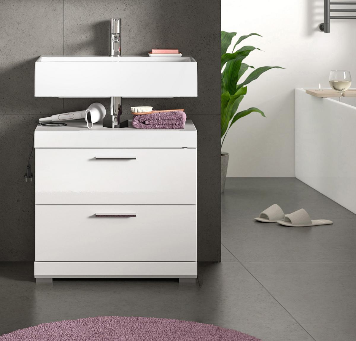 WASCHBECKENUNTERSCHRANK weiß Hochglanz 60 cm mit Vollauszug Schubkästen - Weiß Hochglanz/Silberfarben, Holzwerkstoff/Kunststoff (60/56/37cm) - Inn.Furn