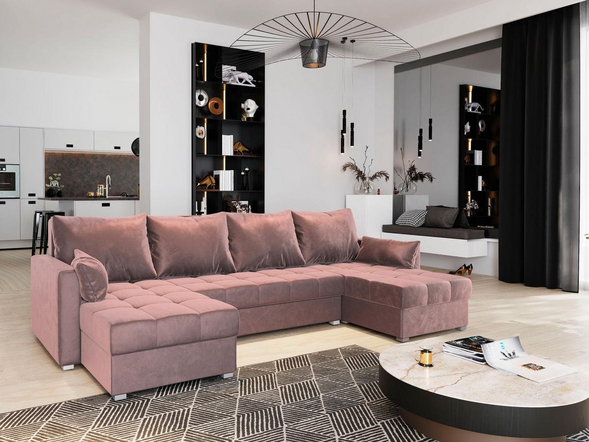 WOHNLANDSCHAFT NAKO Rosa Plüsch-Stoff mit Schlaffunktion - Rosa/Grau, Holz/Kunststoff (285/85/140cm) - MASSENO
