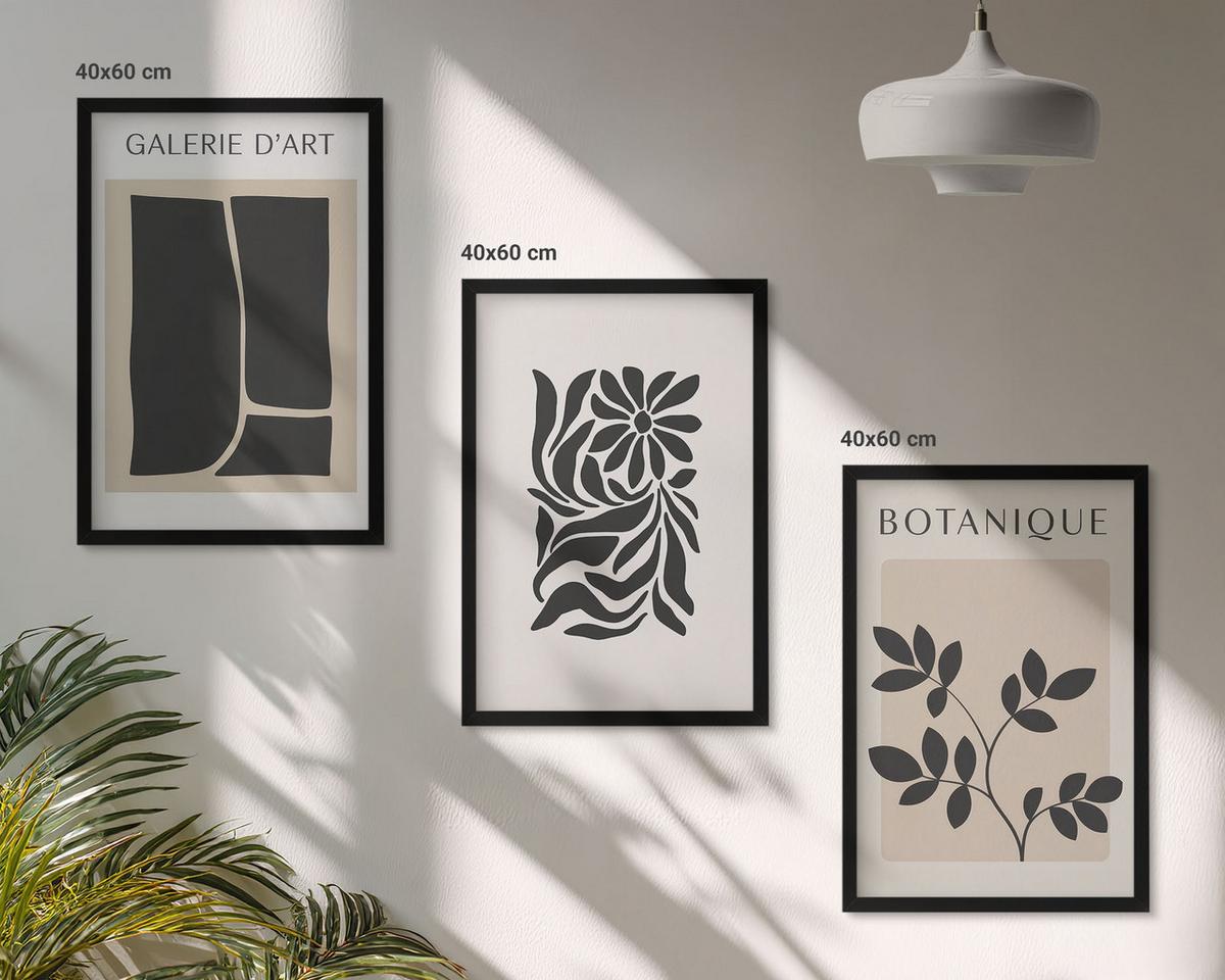 BILDER SET 3er Set - 40x60 cm Schwarzer Rahmen - Abstrakte Pflanzenmuster - Schwarz, Kunststoff (40/60cm) - TULUP