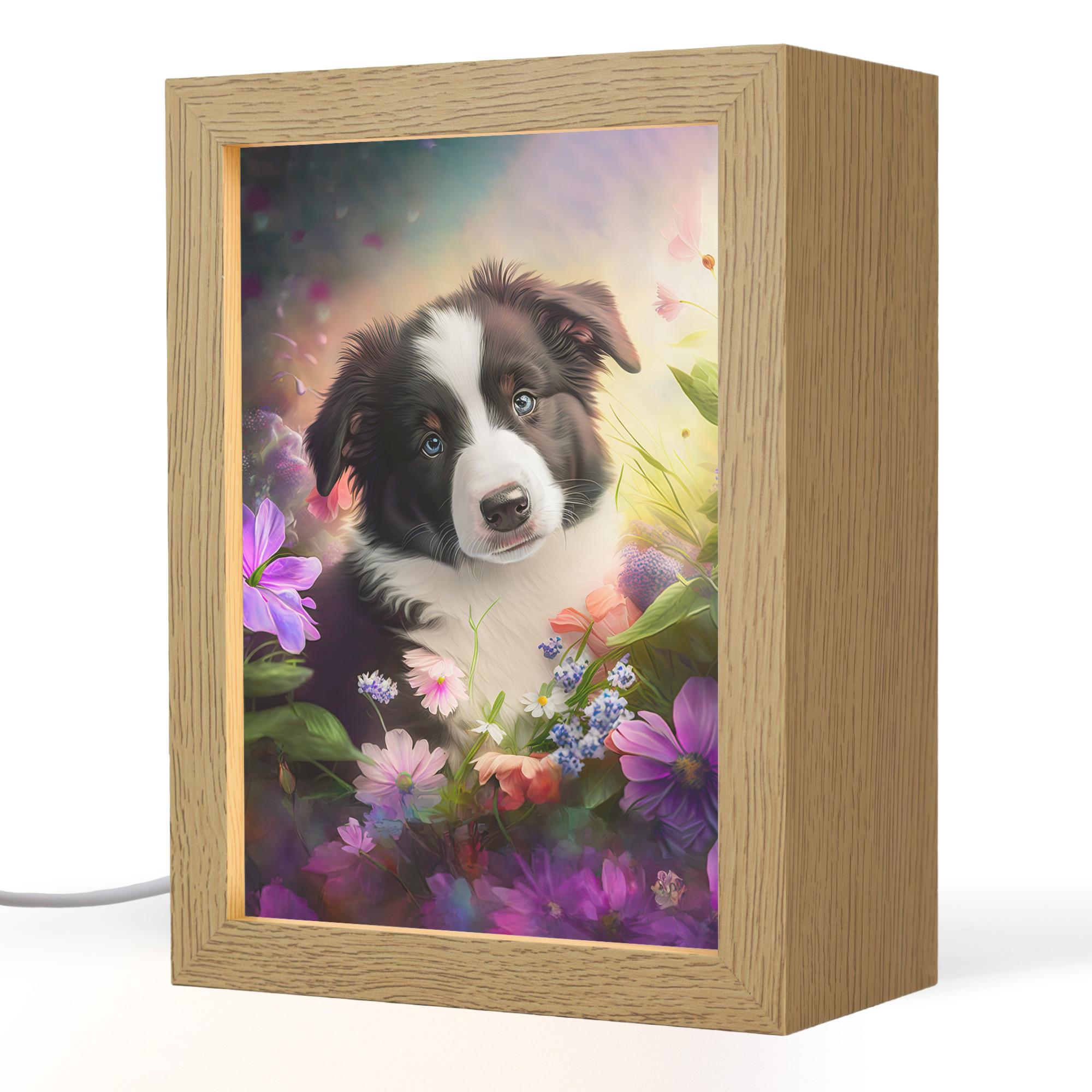 NACHTTISCHLAMPE Welpe - Sonne - Blumen - Natur - Border Collie - Hund 15x20 cm - Violett, Holzwerkstoff (8/15/20cm) - OnlyWow