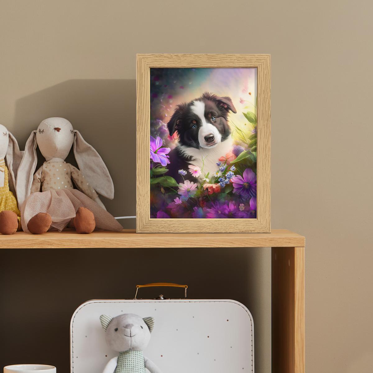 NACHTTISCHLAMPE Welpe - Sonne - Blumen - Natur - Border Collie - Hund 15x20 cm - Violett, Holzwerkstoff (8/15/20cm) - OnlyWow