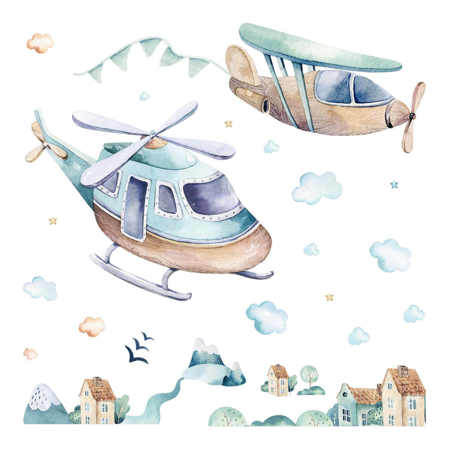 WANDAUFKLEBER 80x116cm - Hubschrauber und Flugzeug - Multicolor, Kunststoff (80/116/0.1cm) - Wallfluent