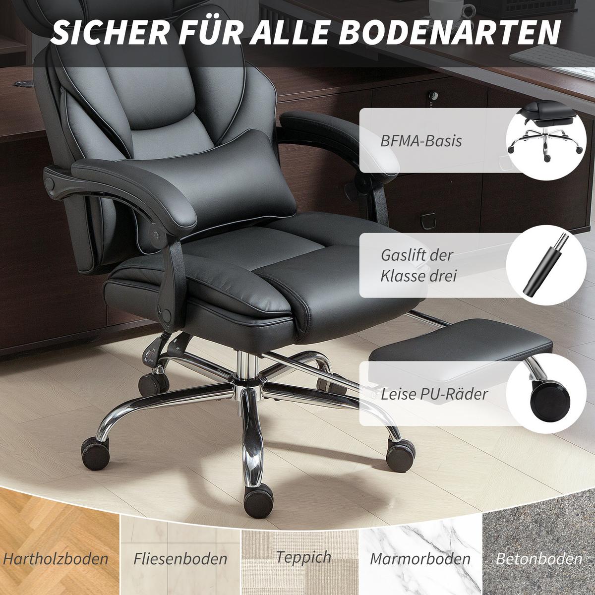 BÜROSTUHL mit verstellbarer Rückenlehne aus Stahl Schwarz - Schwarz, Leder/Metall (69/126/72cm) - HOMCOM
