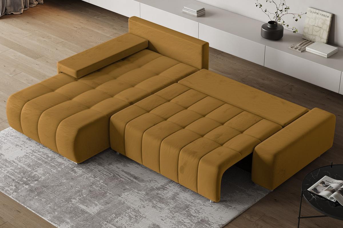 ECKSOFA ALESE L-S Gelb Velours-Stoff mit Schlaffunktion - Gelb/Silberfarben, Holz/Textil (265/185cm) - MASSENO