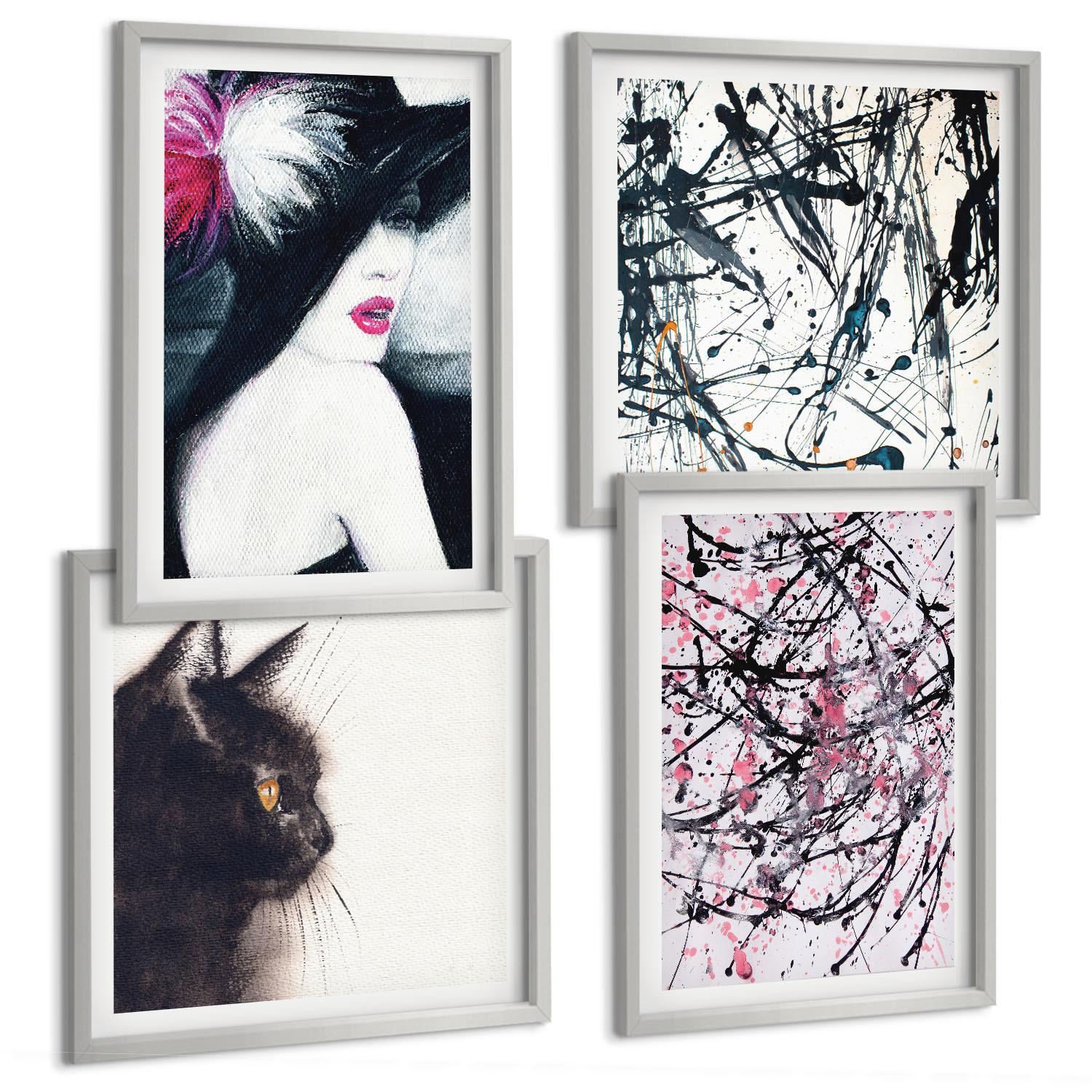 BILDER SET 4er Set - 50x50 cm & 40x60 cm Silberner Rahmen - Abstrakte Katzenmalereien - Silberfarben, Kunststoff (50/50cm) - TULUP