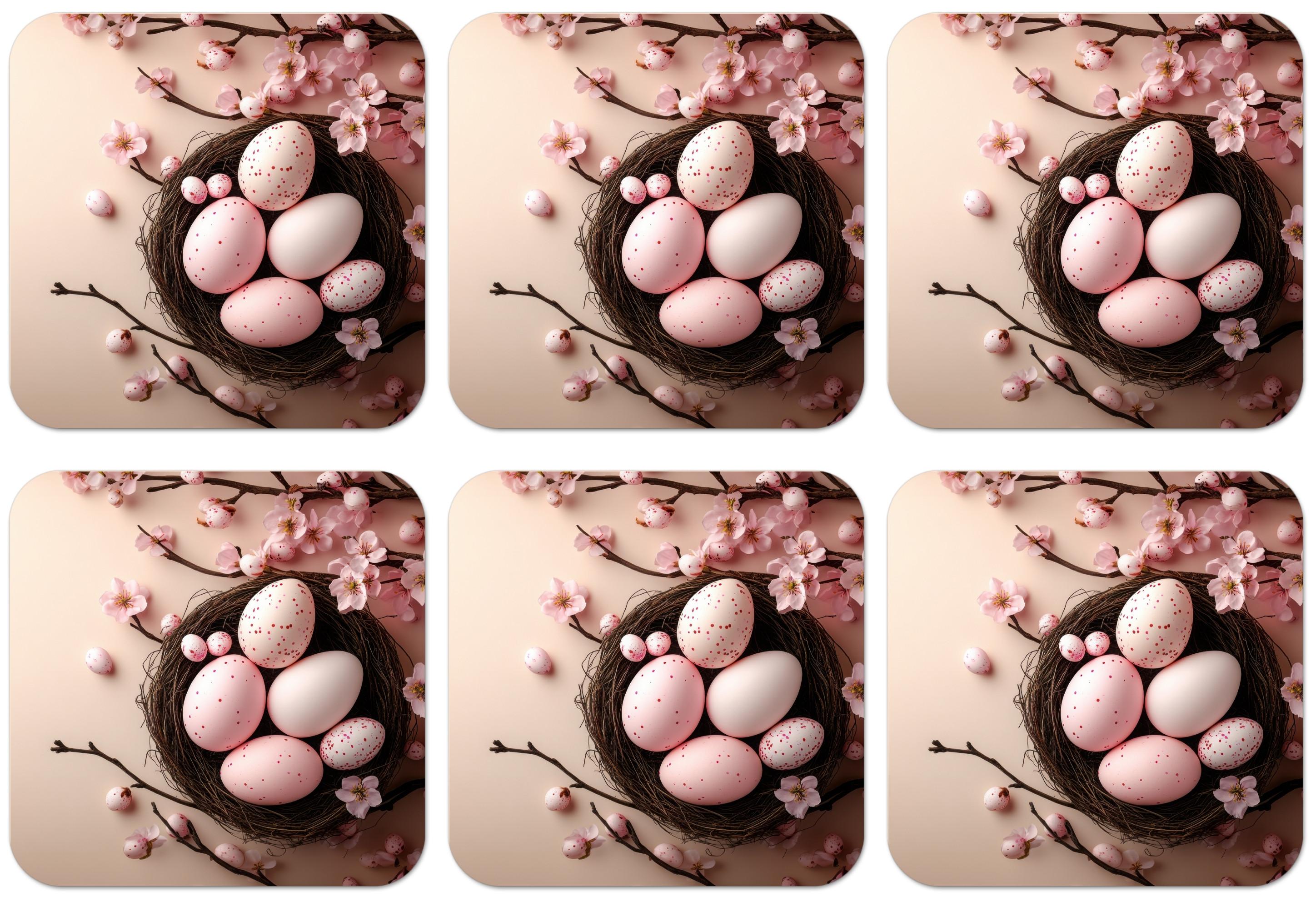 GLASUNTERSETZER 6er-Set Rosa - Blüten - Eier Tischset für Gläser 10x10 cm - Hellrosa, Naturmaterialien (10/0.2cm) - MuchoWow
