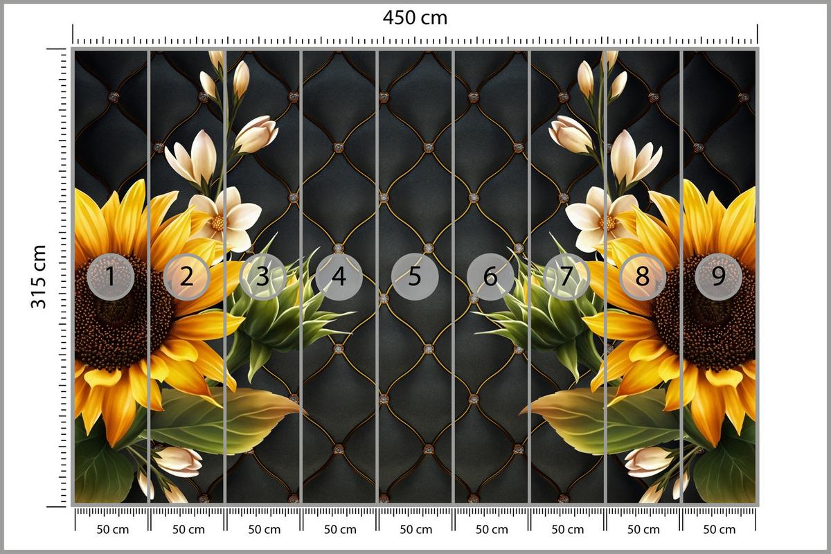 FOTOTAPETE für Küche Blume Sonnenblumen auf gestepptem Hintergrund 450x315 - Gelb/Schwarz, Papier (450/315cm) - Muralo