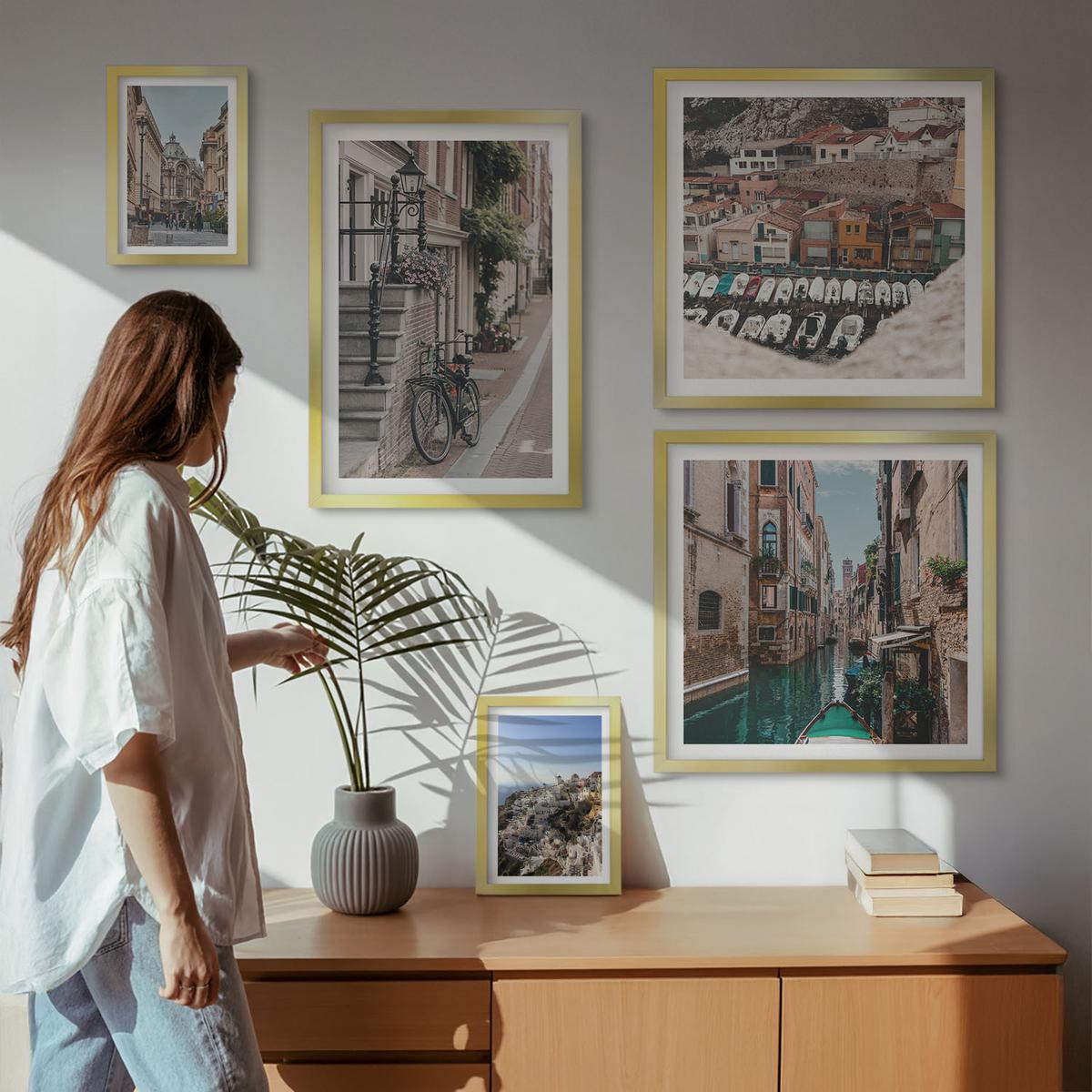 BILDER SET 5er Set - 50x50 cm & 20x30 cm & 40x60 cm Goldrahmen - Blattmuster Marmor abstrakt - Goldfarben, Kunststoff (40/60cm) - TULUP