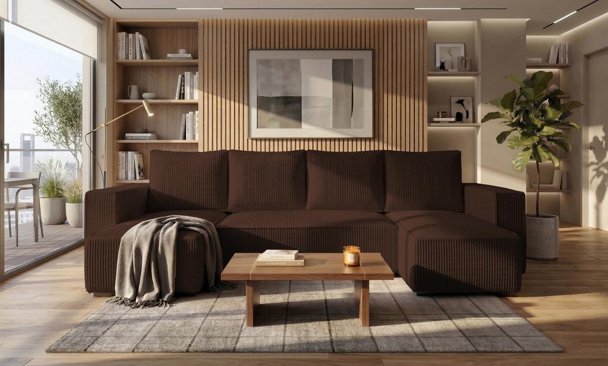 WOHNLANDSCHAFT CUDDY U mit Schlaffunktion und Bettkasten, Farbe: Braun, Cordstoff - Braun, Textil (305/85/140cm) - Storez24