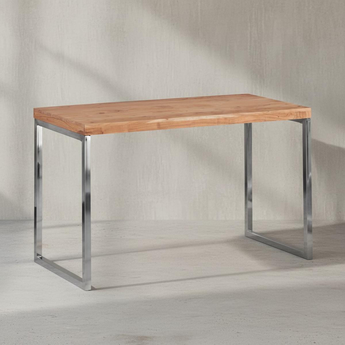 SCHREIBTISCH Massivholz Metallbeine Landhausstil GUNA, Akazie 60x120x76 cm - Silberfarben/Akaziefarben, Holz/Metall (120/60/76cm) - KADIMA DESIGN