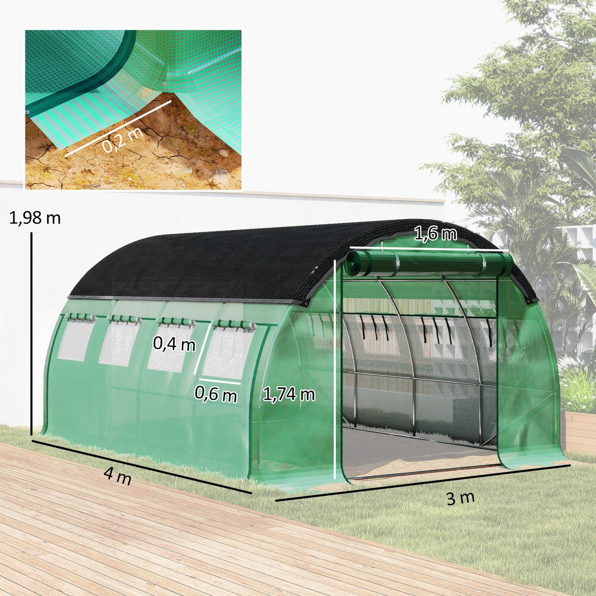 FOLIENTUNNEL, 400L x 300B x 198H cm - Grün, Kunststoff/Metall (300/198/400cm) - Outsunny