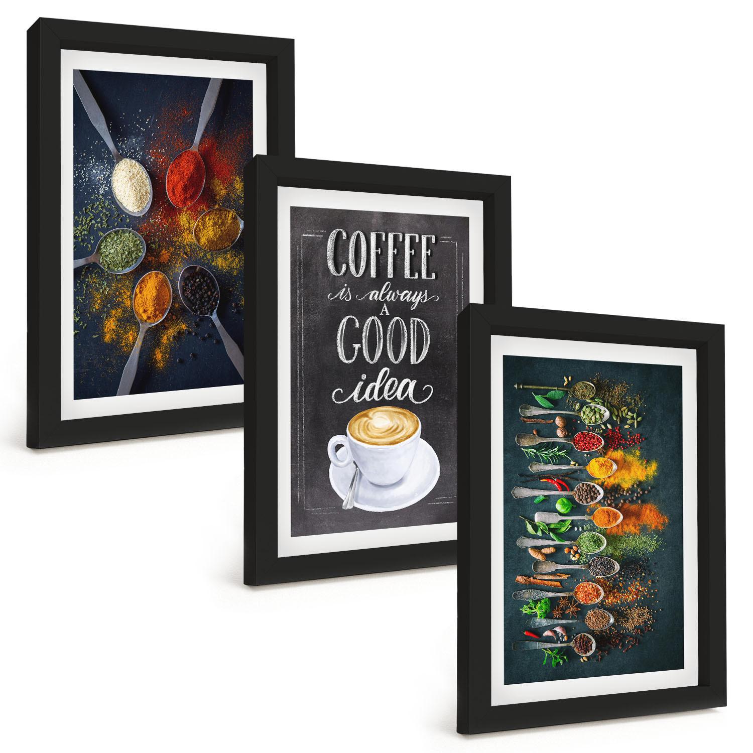 BILDER SET 3er Set - 20x30 cm Schwarzer Rahmen - Gewürze, Kaffee, Kräuter, Muster - Schwarz, Kunststoff (20/30cm) - TULUP