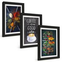 BILDER SET 3er Set - 20x30 cm Schwarzer Rahmen - Gewürze, Kaffee, Kräuter, Muster - Schwarz, Kunststoff (20/30cm) - TULUP