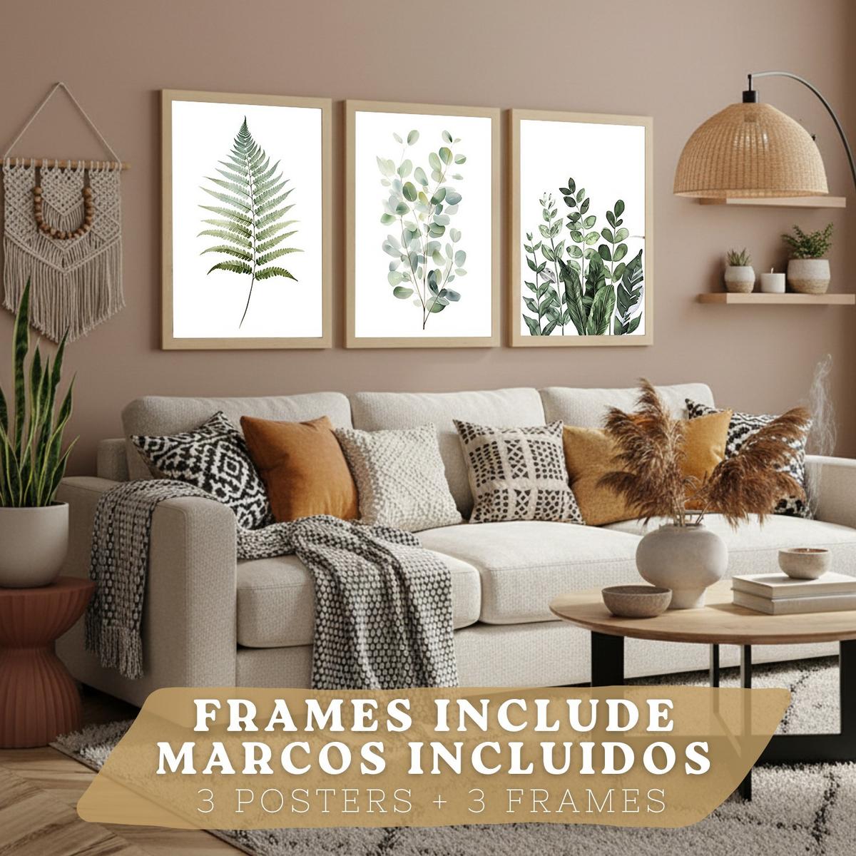 POSTER 3er Bilder-Set Wandbilder Botanisch Grün modern Wohnzimmer Deko, Schlafzimmer, Küche, Badezimmer Leichter Holzrahmen A4 - Beige, Papier (29.7/1/21cm) - Nacnic
