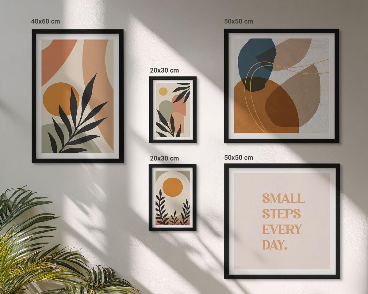 BILDER SET 5er Set - 50x50 cm & 20x30 cm & 40x60 cm Schwarzer Rahmen - Moderne Pflanzenmotive - Schwarz, Kunststoff (40/60cm) - TULUP