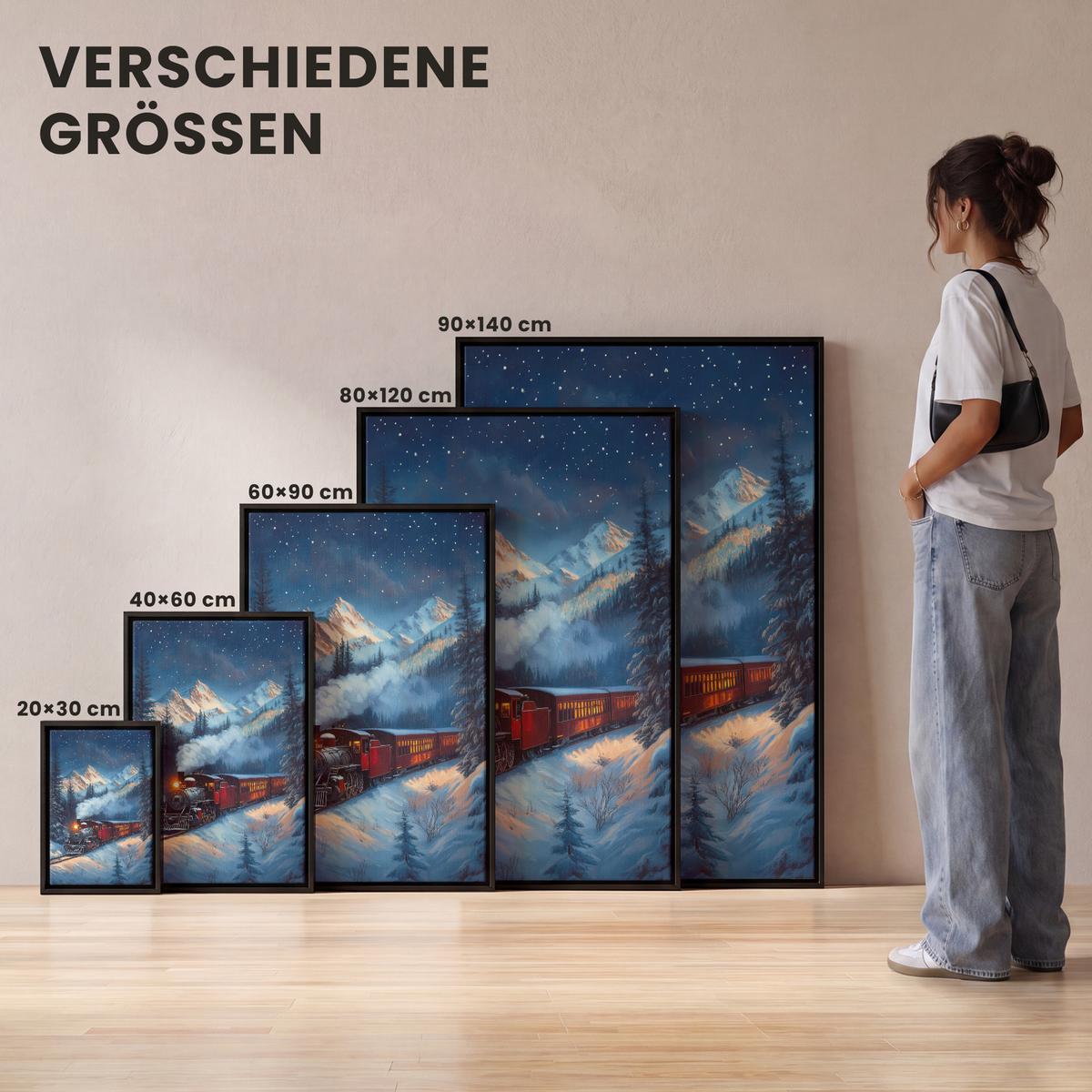 LEINWAND Bilder mit Rahmen - Zug - Weihnachten - Schnee - Weihnachtszug - 100x150 - Anthrazit, Textil (100/150cm) - MuchoWow