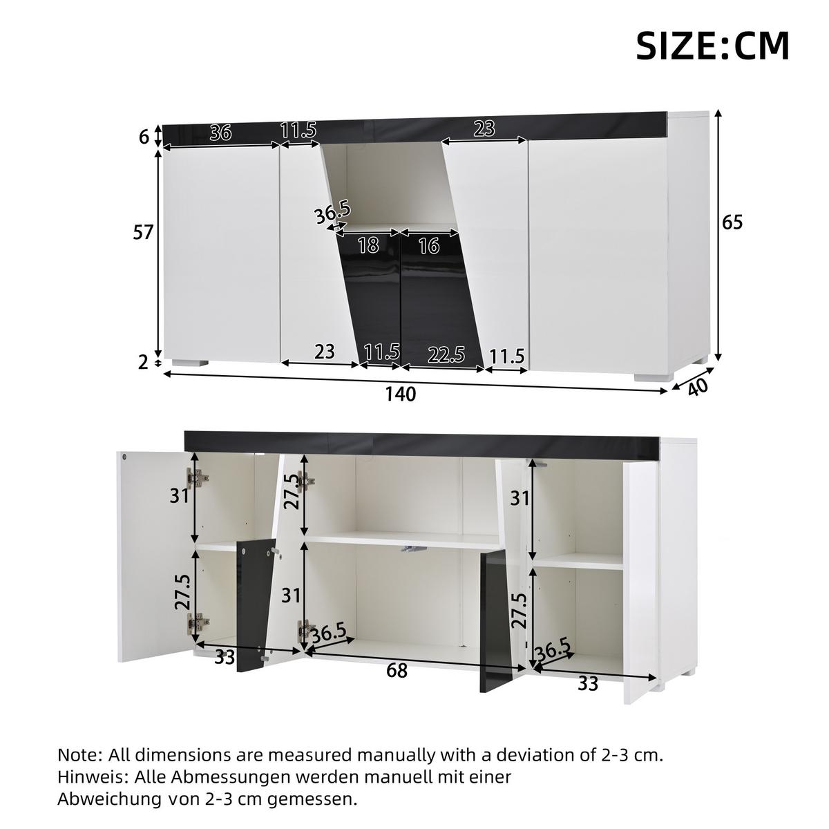 SIDEBOARD in Weiß & Schwarz mit App-LED-Lichtleiste - Weiß, Holzwerkstoff (140/65/40cm) - Urban Meuble