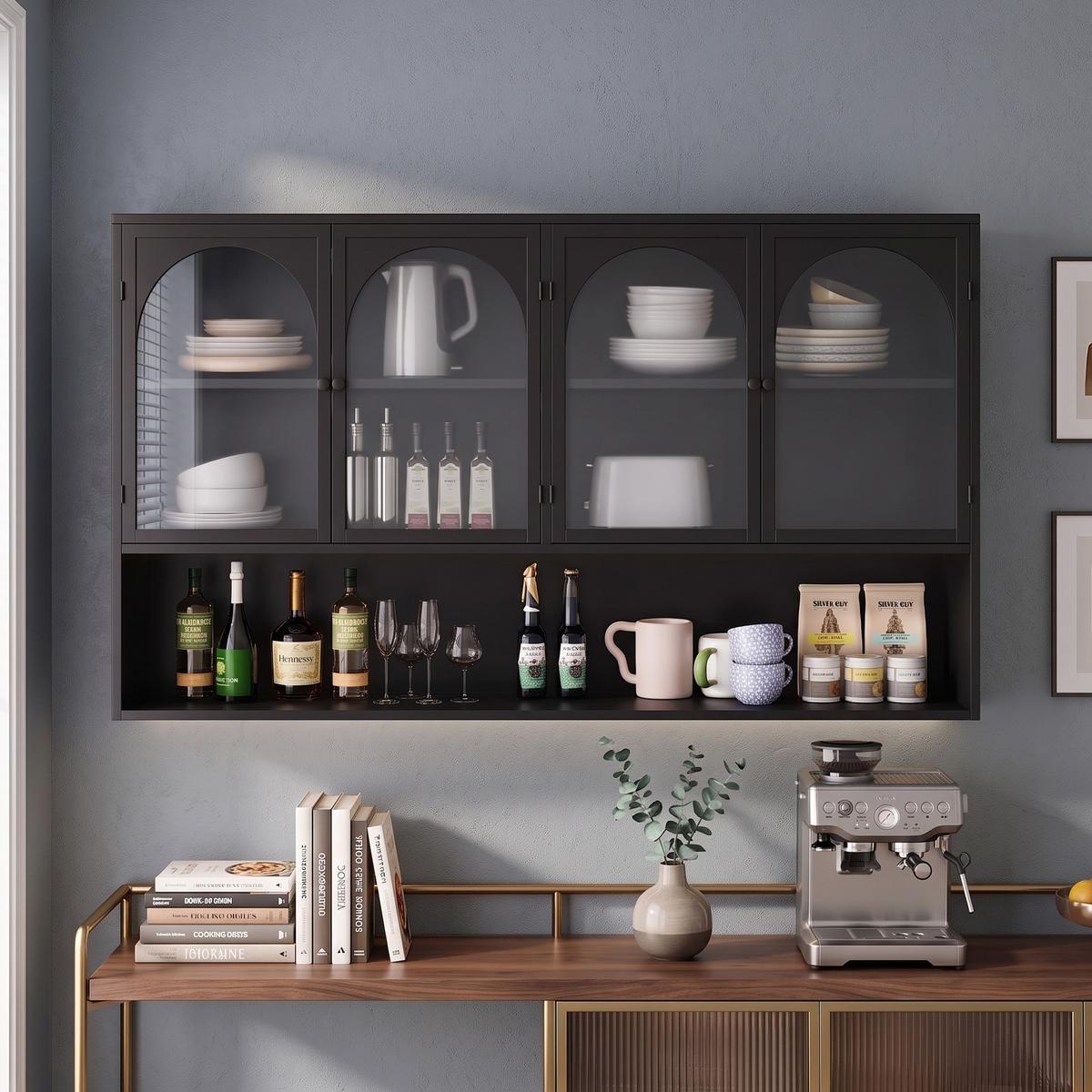 WANDSCHRANK 120cm Metall 4 Türen Graues Glas - Schwarz, Metall (120/70/23cm) - Urban Meuble