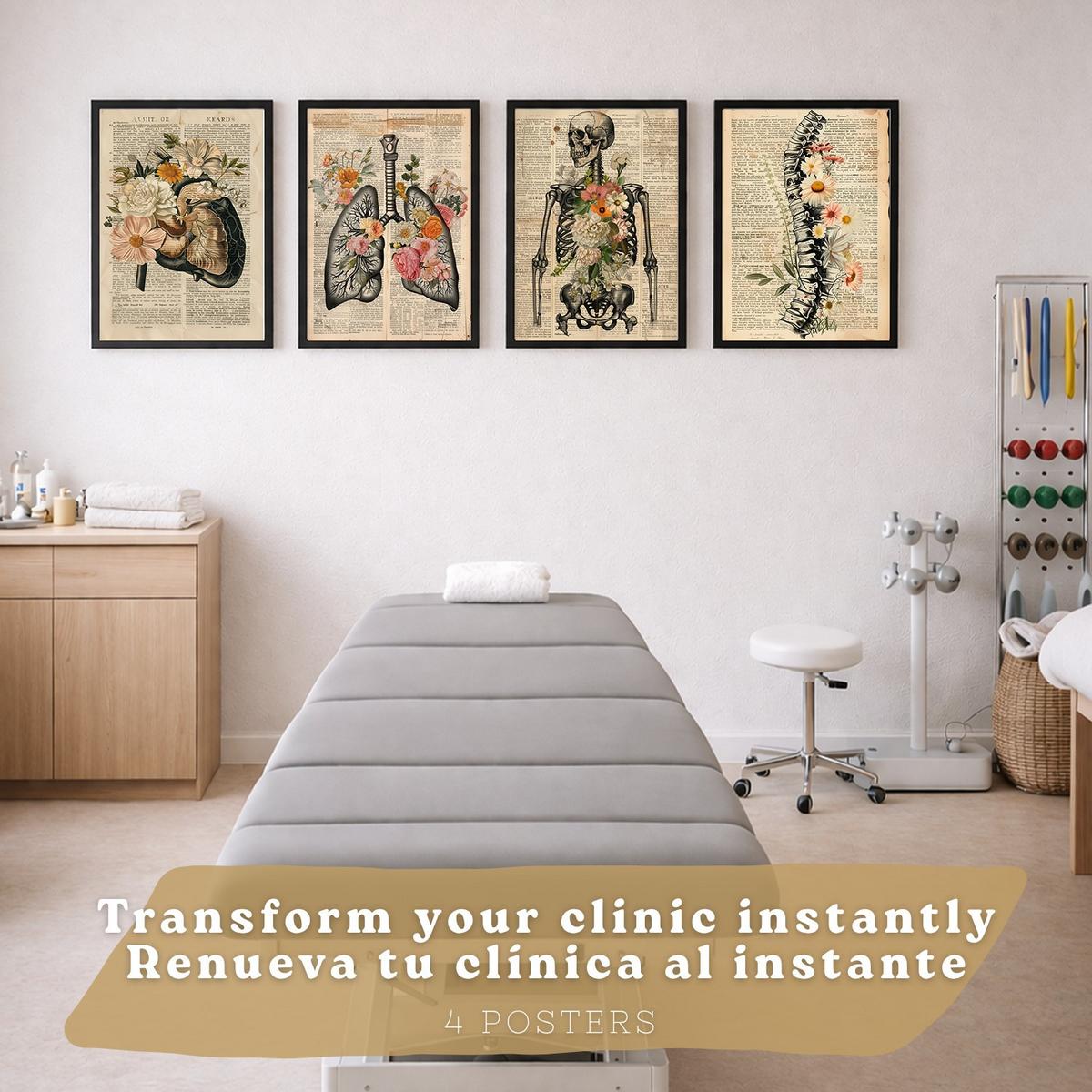 POSTER Set aus 4 Anatomie Drucke und Wandbilder mit Leber Lungen Atmungssystem Skelett Schädel Wirbelsäule Zeitungsstil Größe Schwarzer Rahmen A4 - Schwarz, Papier (21/29.7/3cm) - Nacnic