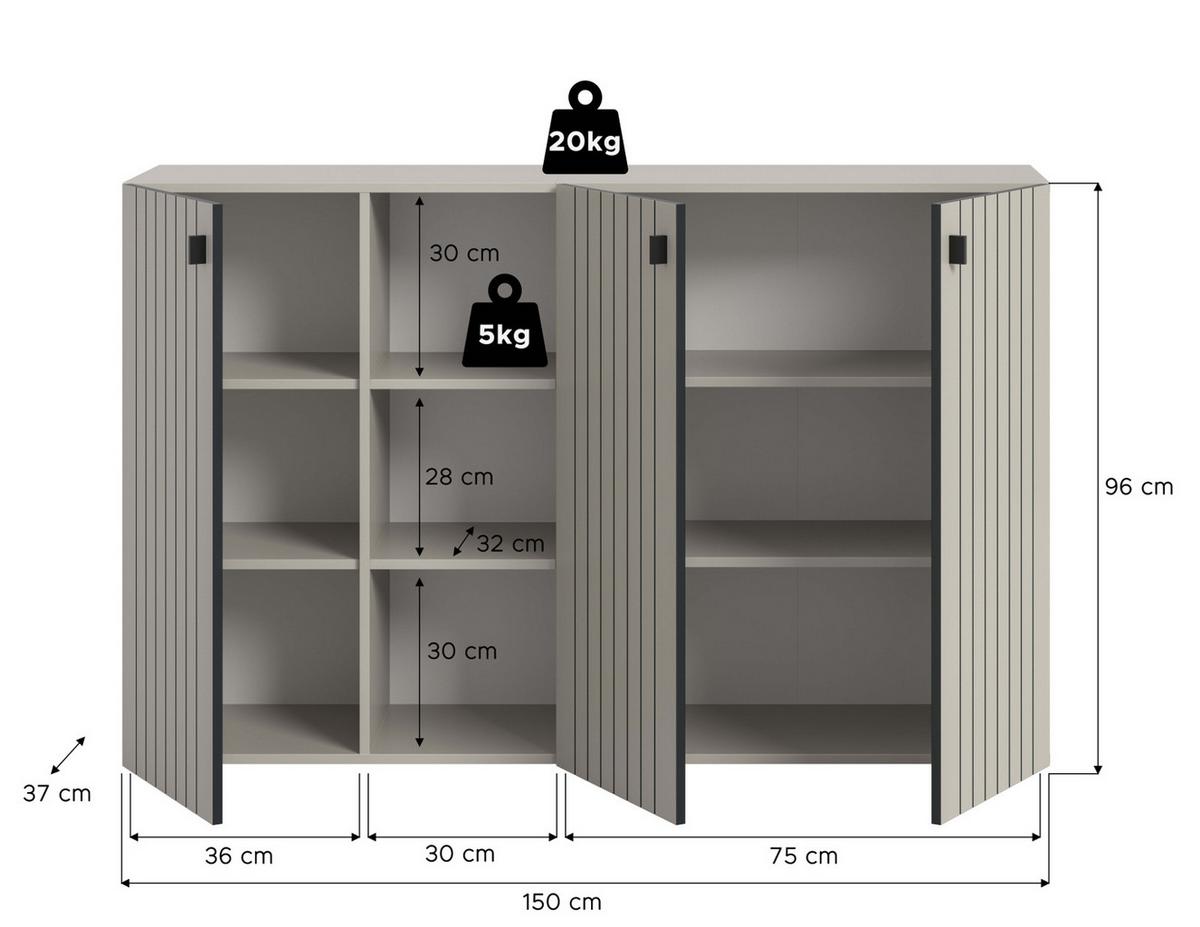 FLURKOMMODE Kaschmir 150 x 96 cm, Schuhschrank mit 9 Fächern - Kaschmir/Schwarz, Holzwerkstoff/Kunststoff (150/96/37cm) - Inn.Furn