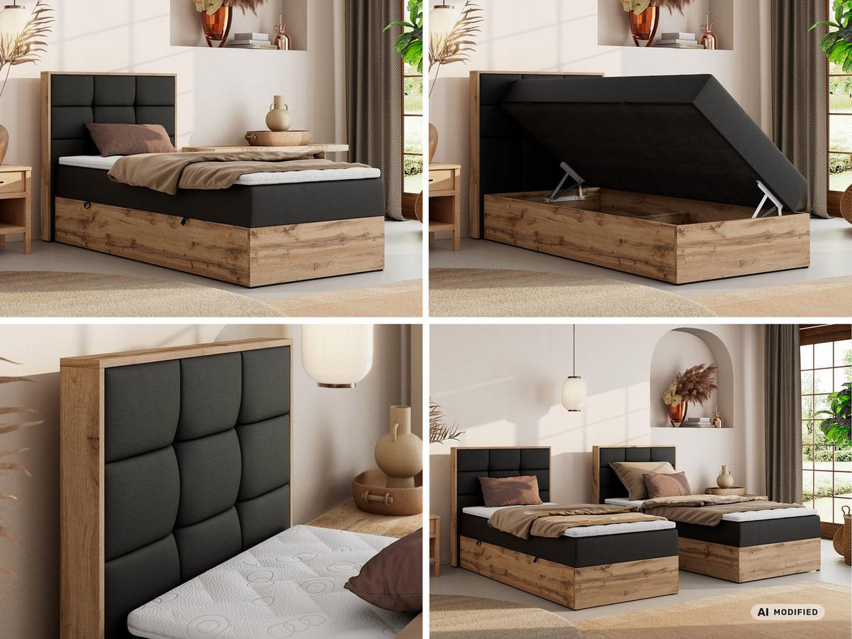 BOXBETT ALBERO 1 90/200 - Schwarz Kunstleder - Topper T25 - H4 - Links - Schwarz, Kunststoff/Textil (90/200cm) - MKS