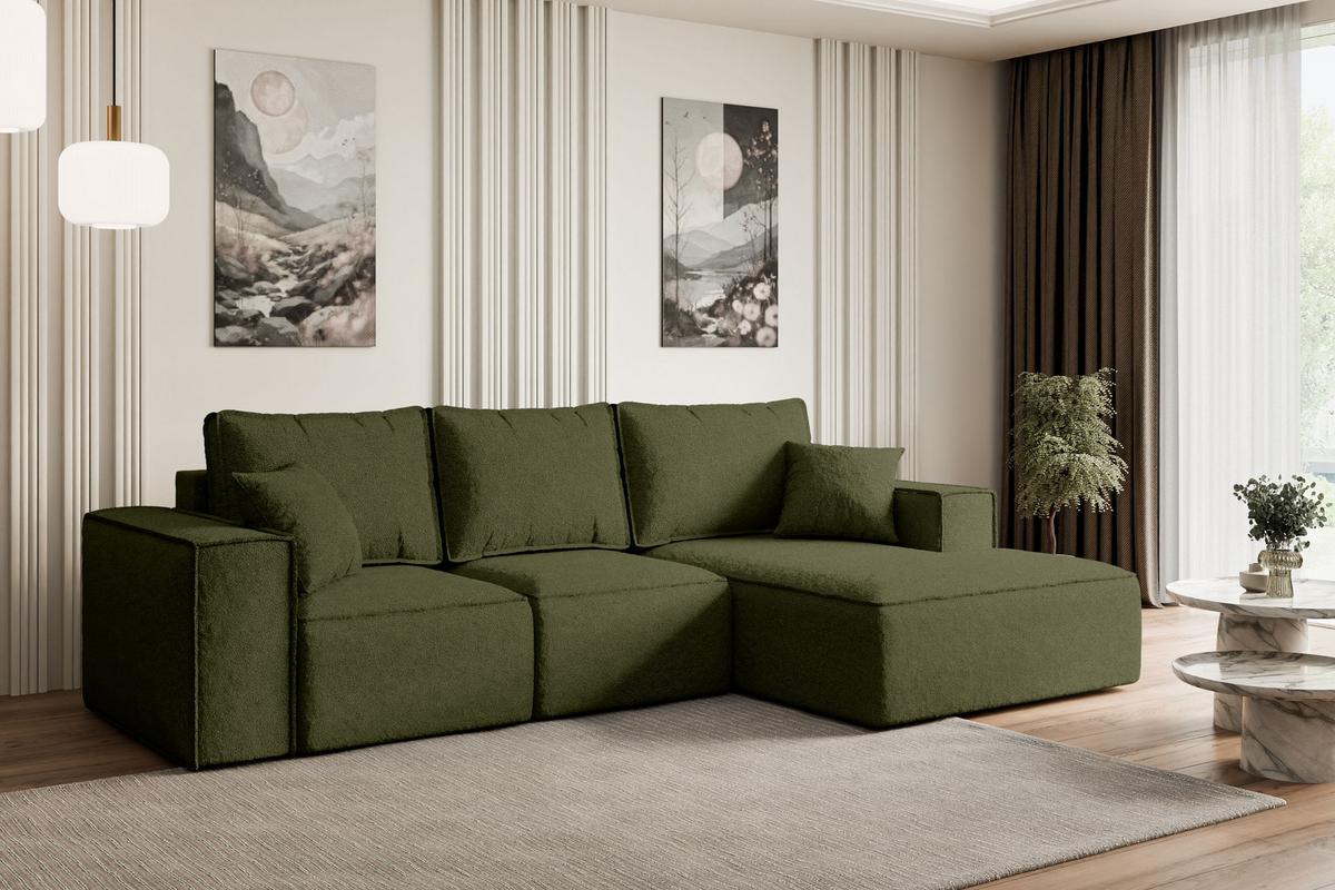 ECKSOFA mit Schlaffunktion und Bettkasten SERRA-L-S - 266x161x87 cm Grün Bouclé - Schwarz/Grün, Holzwerkstoff/Kunststoff (266/161cm) - ALTDECOR