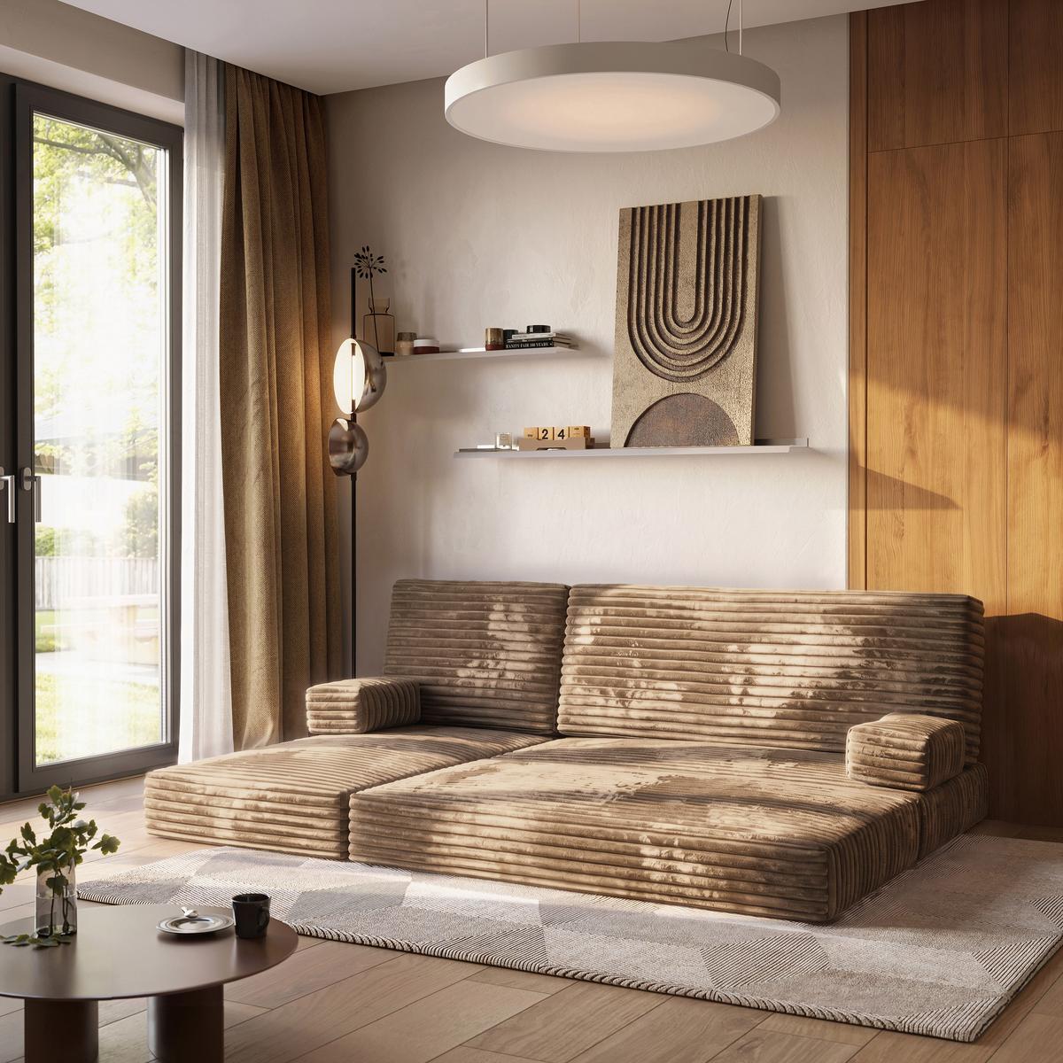 ECKSOFA NOTIA modulares Boneless Sofa mit Schlaffunktion Beige Kordstoff - Beige, Textil (200/120cm) - MASSENO