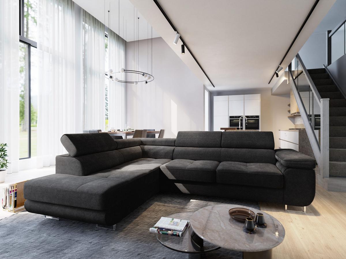 ECKSOFA APIRO L-S Schwarz Kordstoff mit Schlaffunktion - Silberfarben/Schwarz, Holz/Textil (276/202cm) - MASSENO