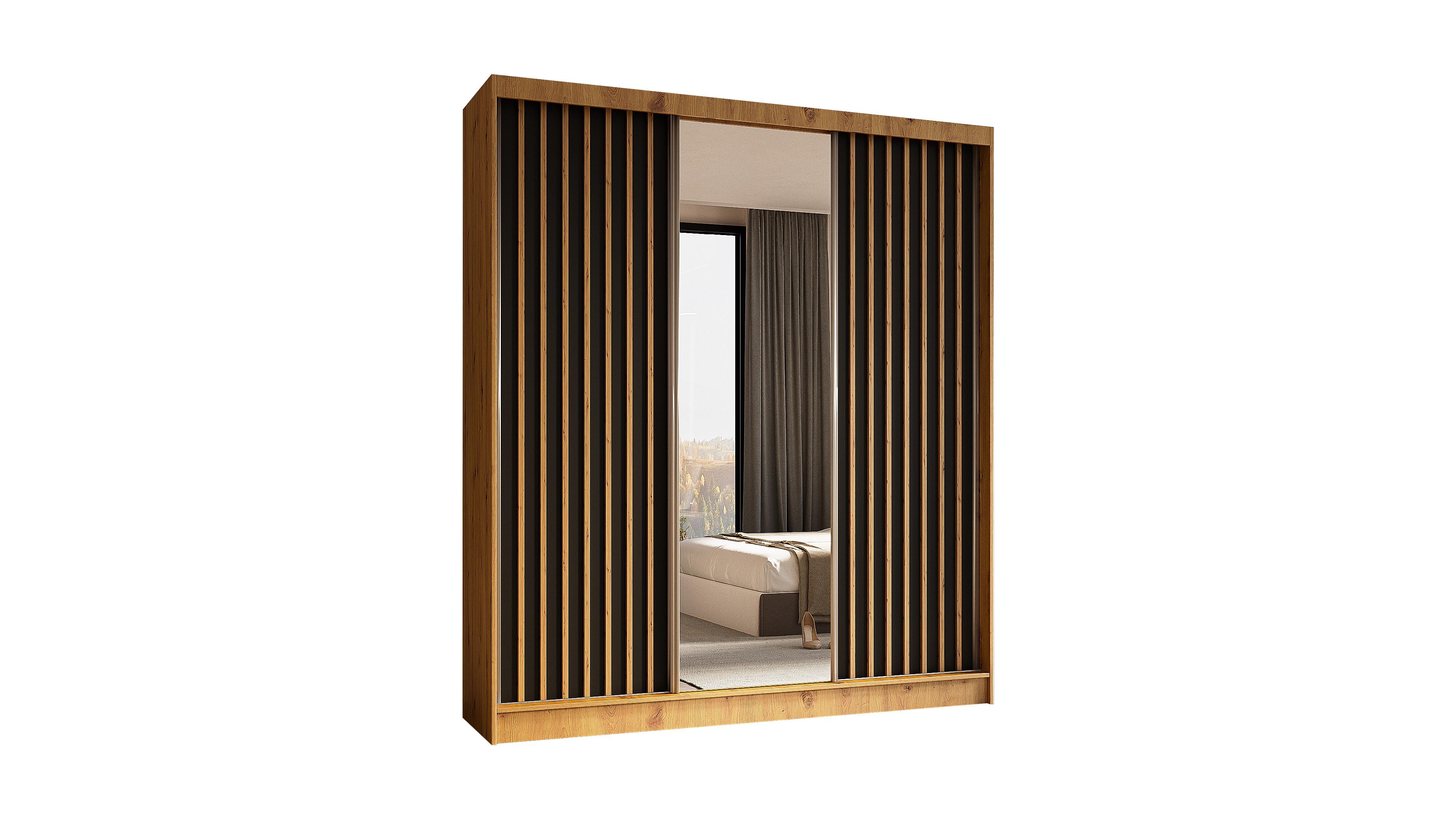 KLEIDERSCHRANK mit Spiegel-Schiebetüren und Aluminium-Leisten, LED-Beleuchtung - LAMELO- 180 cm Artisan+Schwarz+Artisan - Braun, Holzwerkstoff (180/216/61cm) - ALTDECOR
