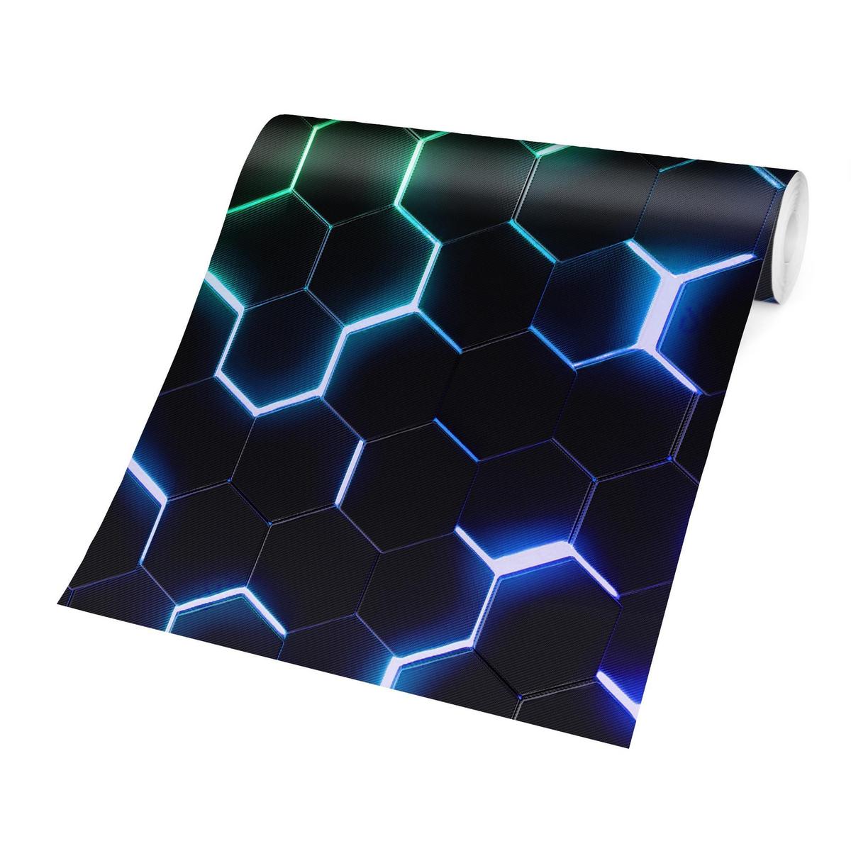 FOTOTAPETE Strukturierte Hexagone mit Neonlicht in Grün und Blau 288/288 cm - Schwarz, Papier (288/288cm) - Bilderwelten