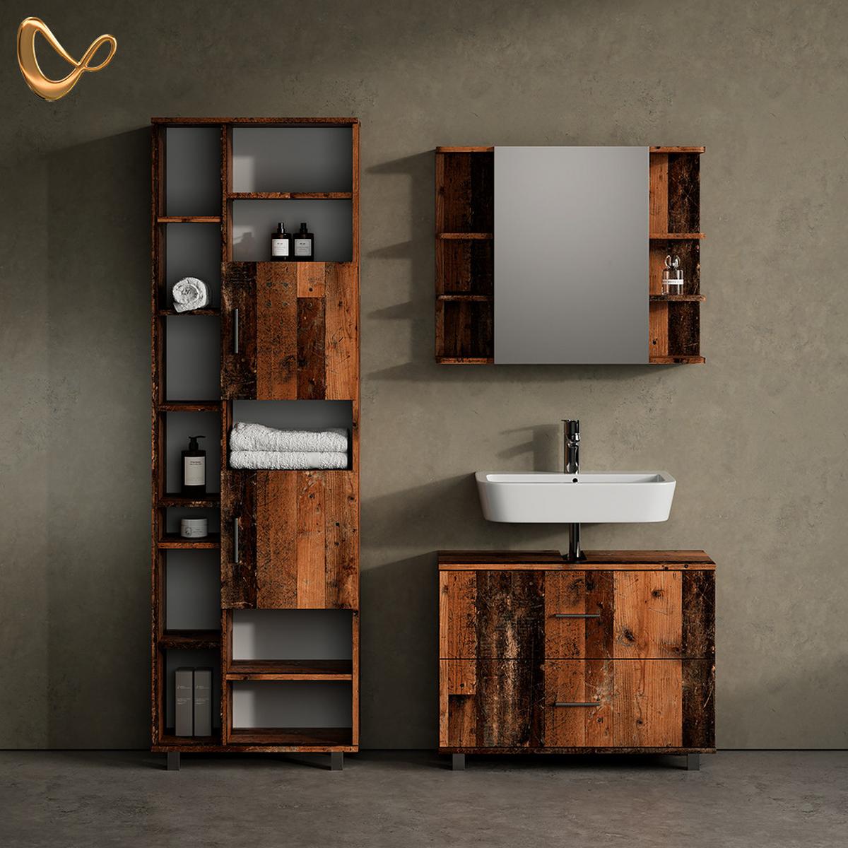 WASCHBECKENUNTERSCHRANK Eisak Eiche rustikal 80 x 60 cm mit 2 Schubladen - Wildeiche, Holzwerkstoff (80/60/33cm) - Livinity®