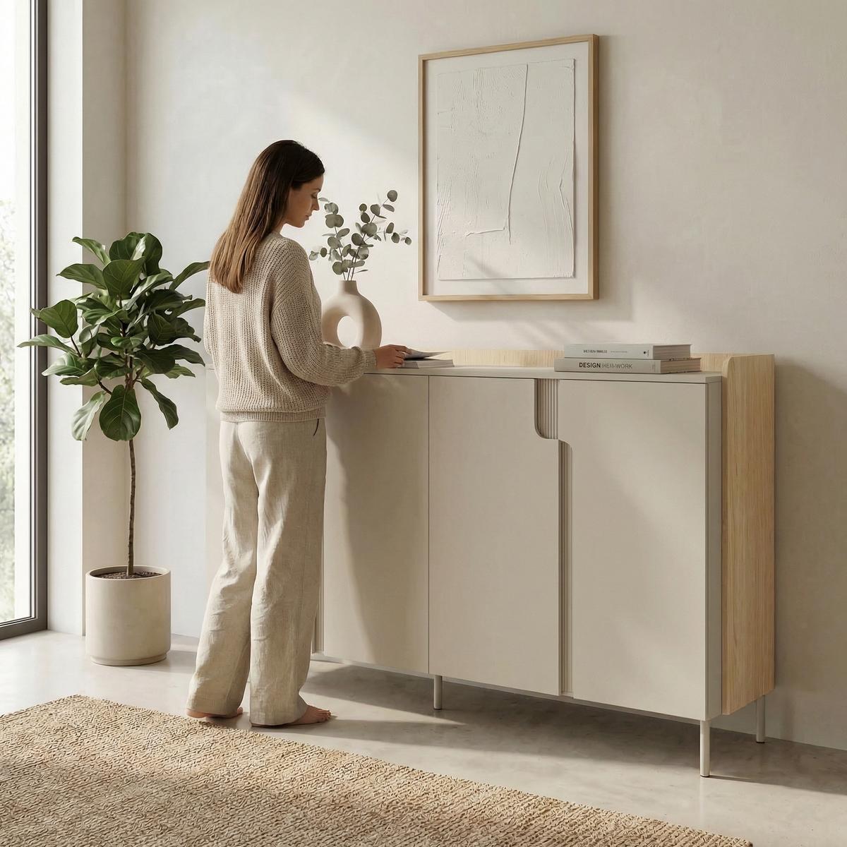 KOMMODE Positivo mit 4 Türen, 180 cm, Mavelie-Eiche + Macadamia - Eichefarben, Holzwerkstoff (183/110/42cm) - Beautysofa