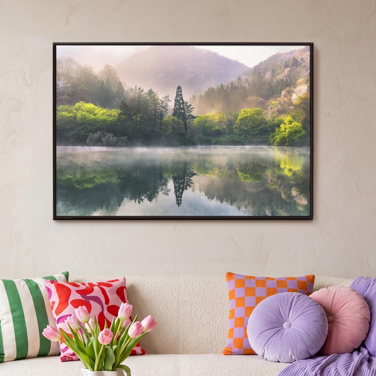 LEINWAND Bilder mit Rahmen - Natur - Bäume - Berge - See - Wasser - 90x60 - Hellgrün, Textil (90/60cm) - MuchoWow