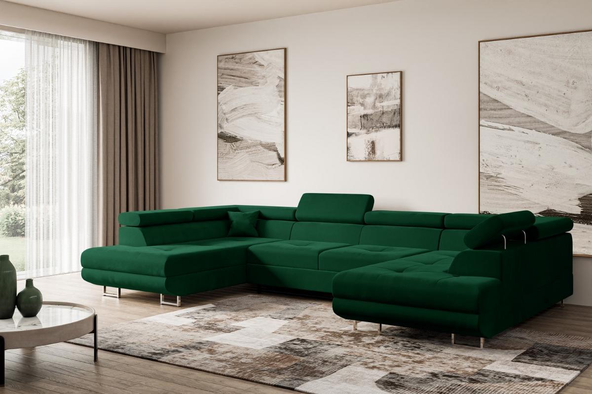 WOHNLANDSCHAFT mit Schlaffunktion und Bettkasten GUSA-U 342x202x107 cm Grün Velours - Silberfarben/Grün, Holzwerkstoff/Textil (342/107/202cm) - ALTDECOR