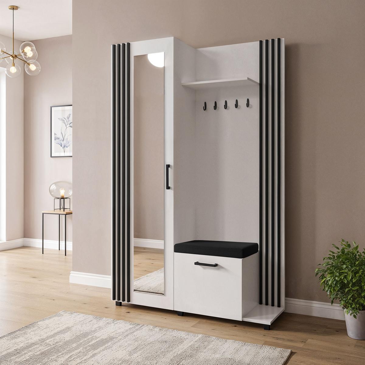 GARDEROBE Linaro mit Spiegel, Sitzbank in Lamellen-Optik 137/207/42 cm, Rechts - Multicolor/Schwarz, Holzwerkstoff (137/207/42cm) - WFL GROUP