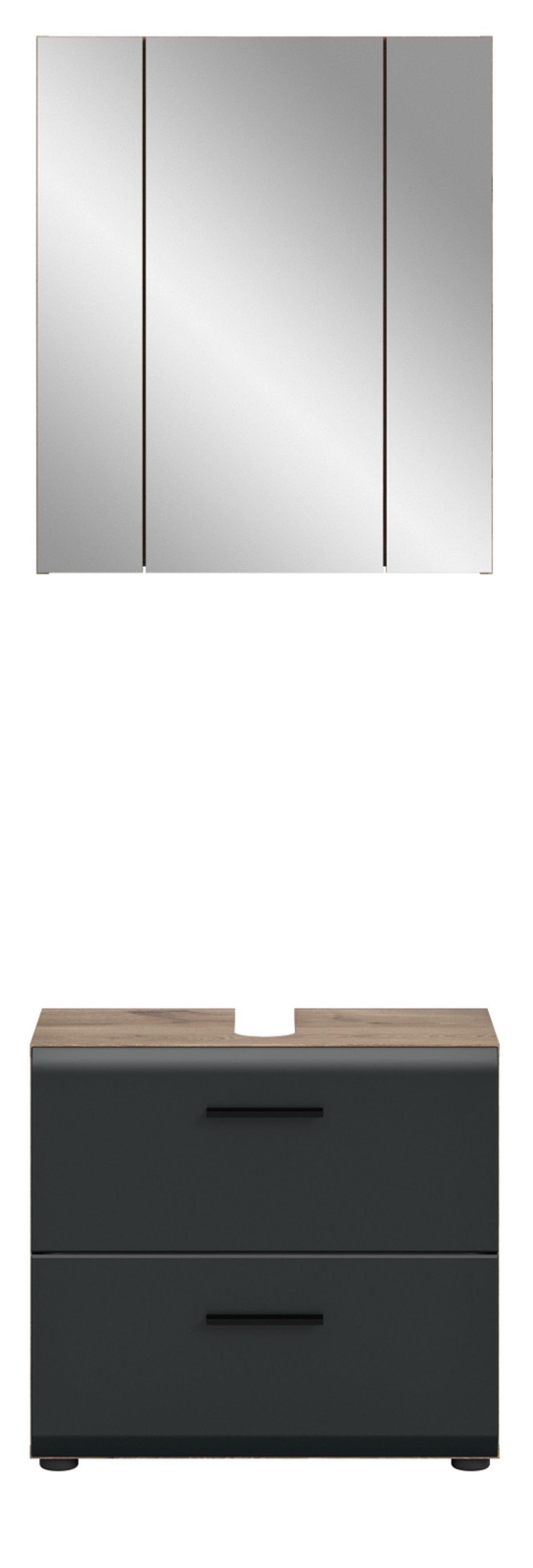 BADMÖBEL-SET 2-teilig Schwarz matt und Eiche, Badkombination mit Spiegelschrank, 60 x 185 cm - Klar/Eichefarben, Glas/Holzwerkstoff (60/185/30cm) - Inn.Furn
