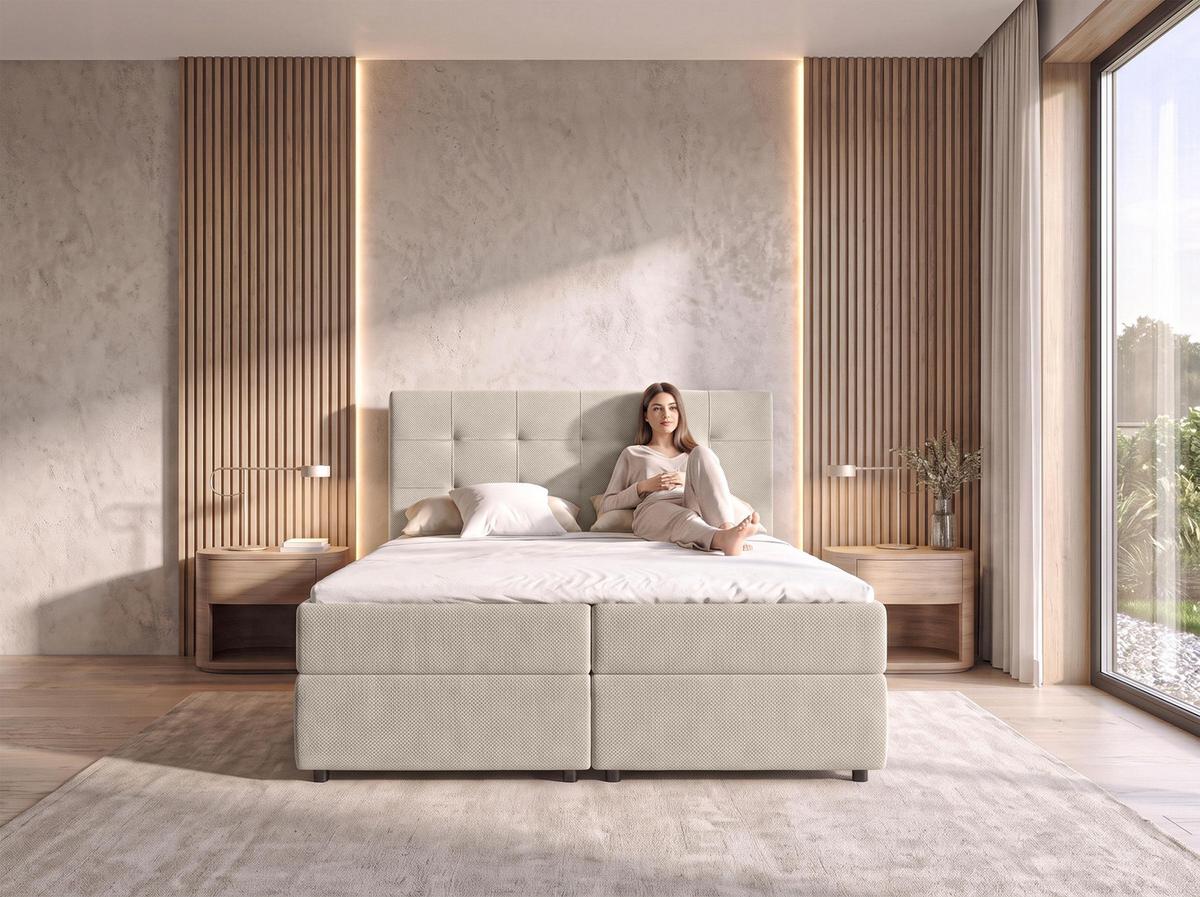 BOXBETT SAKARYA 140x200 cm mit Bettkasten und Matratze - Beige + TOPPER - Beige/Schwarz, Holz/Holzwerkstoff (140/200cm) - AX Living