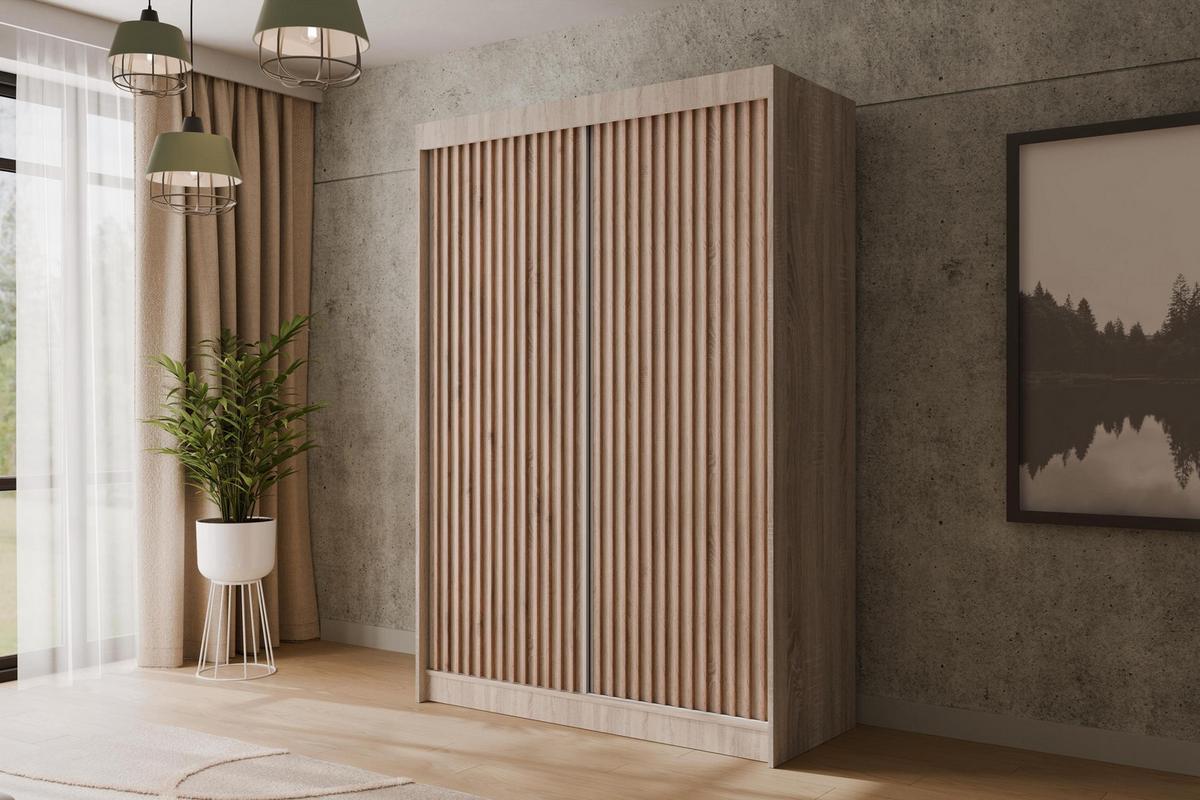 KLEIDERSCHRANK mit Lamel-Schiebetüren VILANv2 - 120 cm Sonoma Eiche + Lamelle Eiche Wotan - Eiche Wotan/Sonoma Eiche, Holzwerkstoff (120/215/61cm) - ALTDECOR