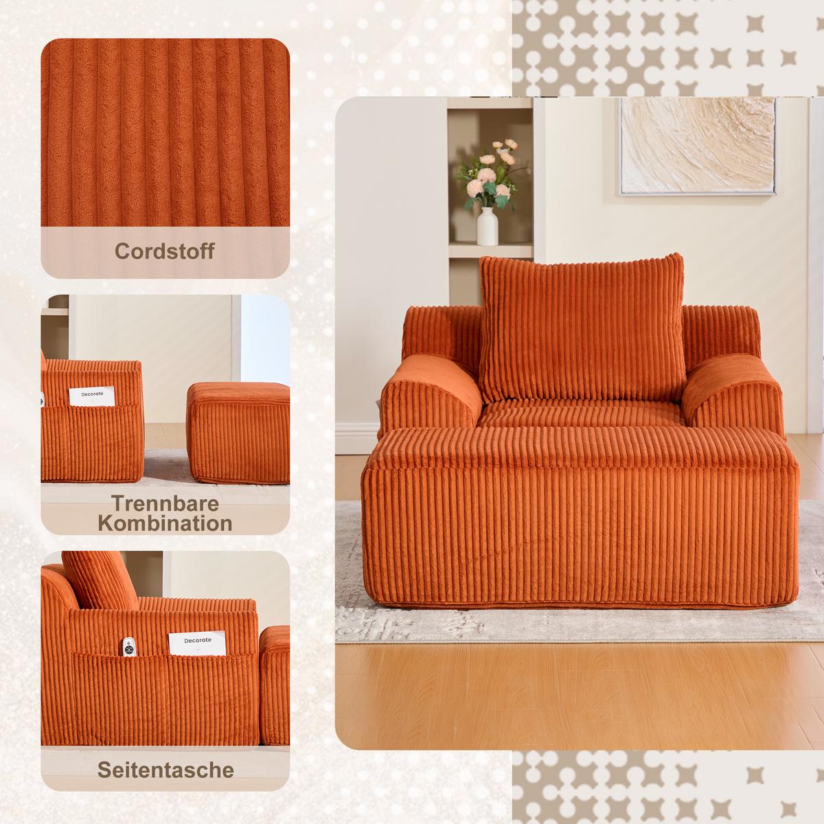 SESSEL mit Hocker in Cord Übergroßer Relaxsessel - Orange, Textil (110/67/147cm) - Urban Meuble