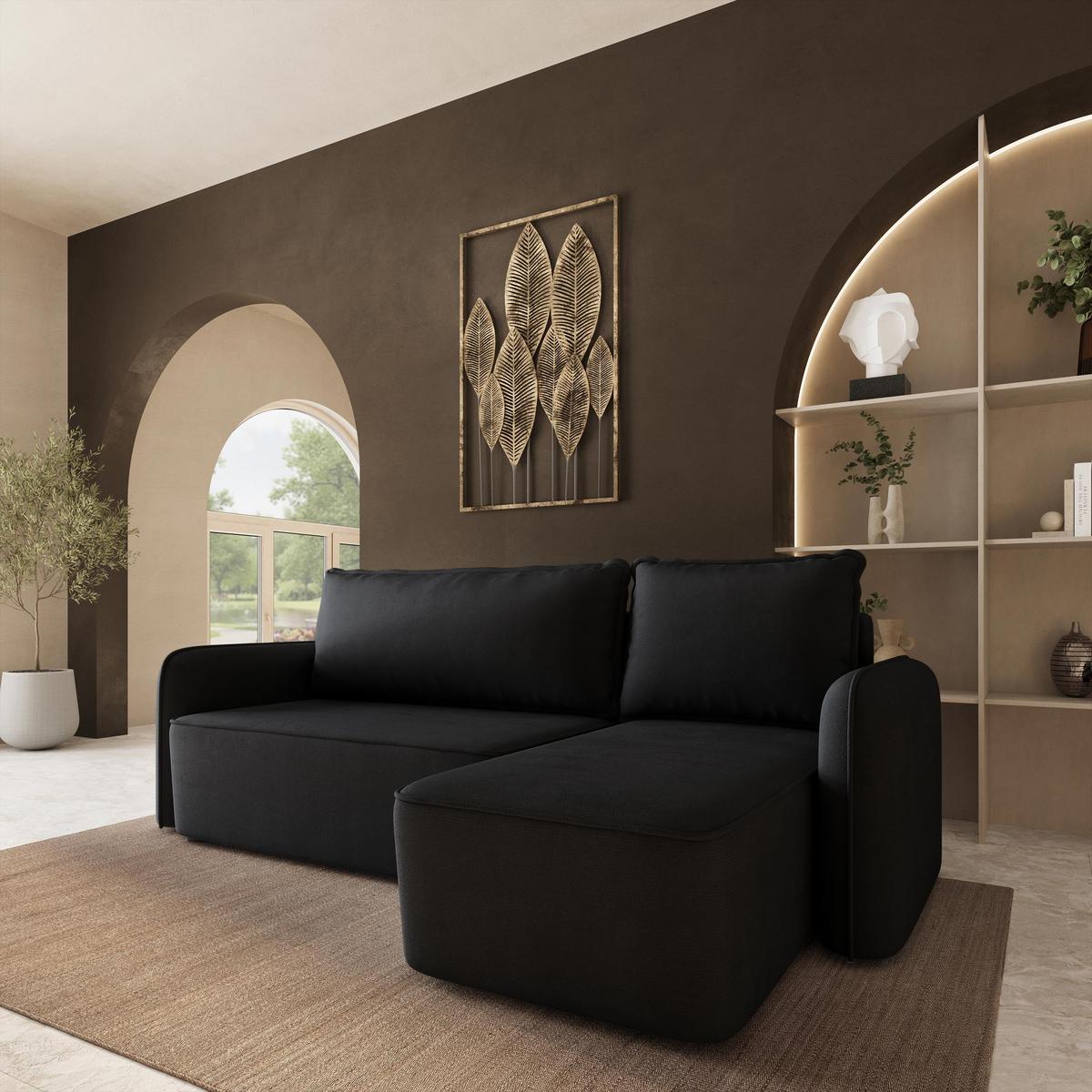 ECKSOFA DOLVER Schwarz Plüsch-Stoff mit Schlaffunktion - Schwarz, Holz (238/156cm) - MASSENO