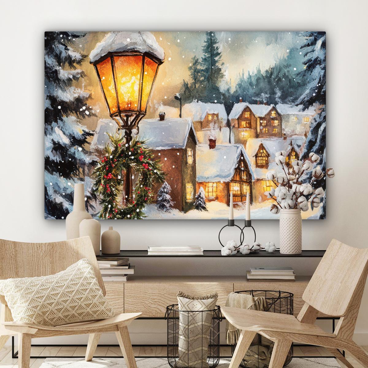 LEINWANDBILD Weihnachtsdorf - Häuser - Schnee - Weihnachten Groß 140x90 cm - Sandfarben, Textil (140/90cm) - MuchoWow