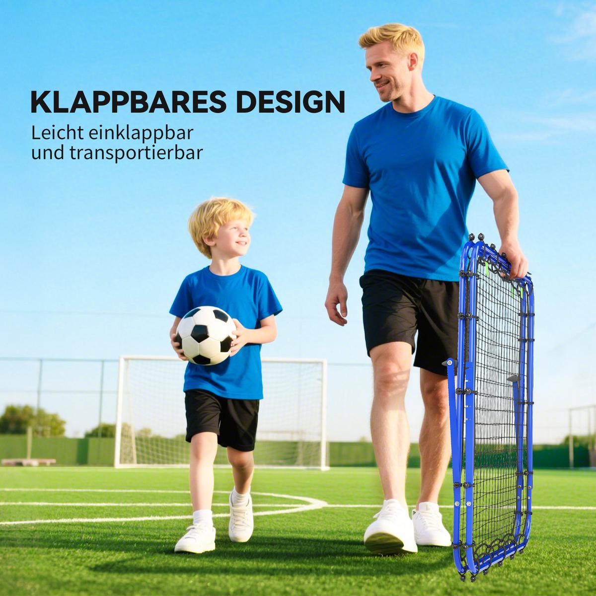 FUSSBALL Rebounder Kickback Tor Rückprallwand beidseitiger Trainingsnetz Stahl - Blau, Metall (95/100cm) - HOMCOM