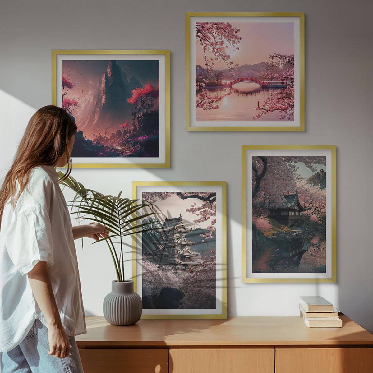 BILDER SET 4er Set - 50x50 cm & 40x60 cm Goldrahmen - Fantasielandschaften Japans - Goldfarben, Kunststoff (50/50cm) - TULUP