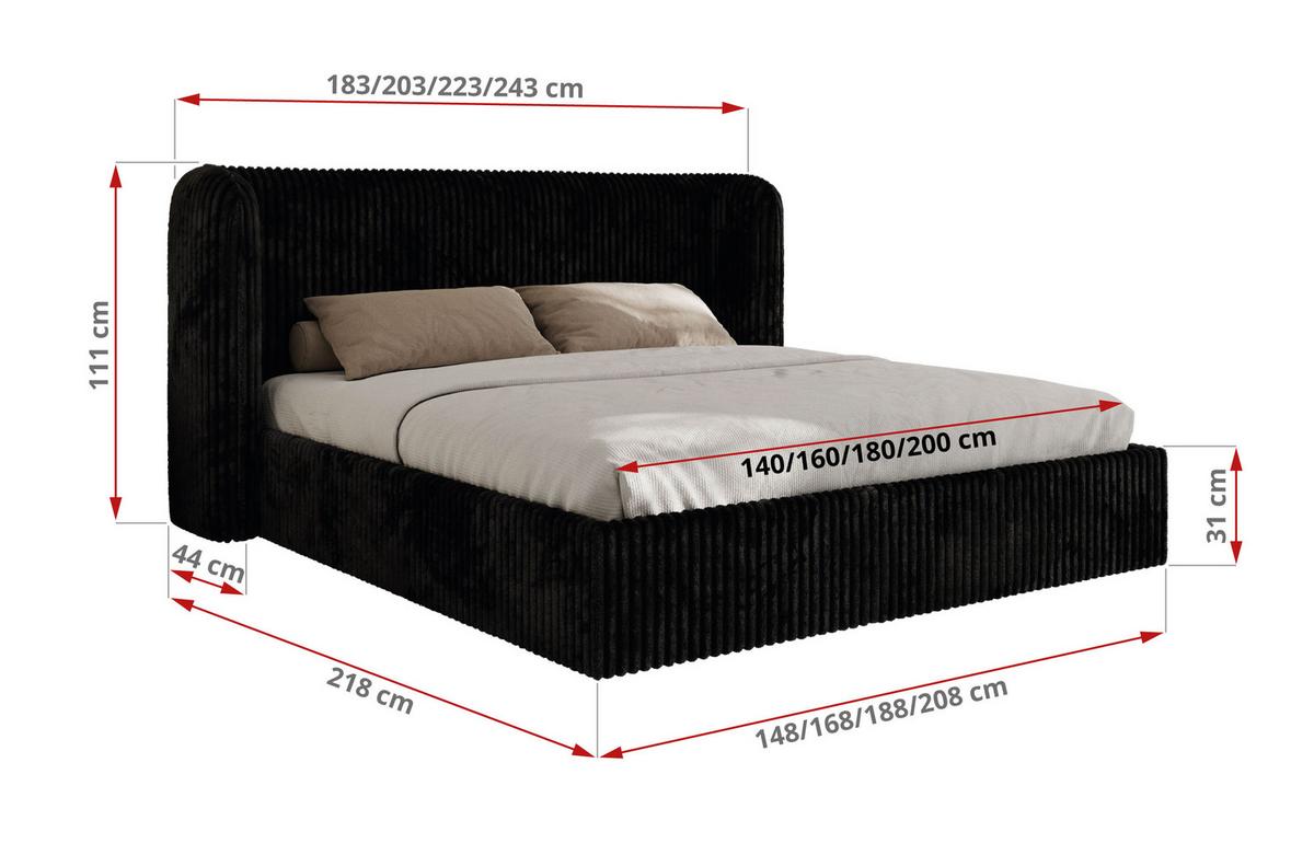 POLSTERBETT EMORA CLASSIC 140/200 - Schwarz Cord - Multipocket-Matratze - Schwarz, Textil (140/200cm) - MKS