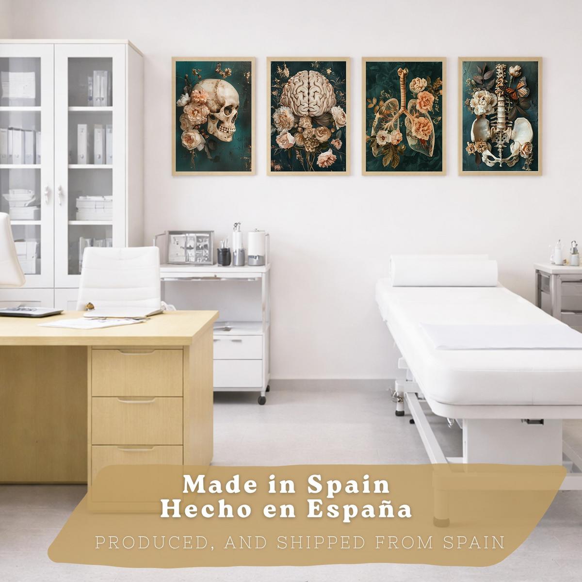 POSTER Set aus 4 Anatomie Mensch Drucke und mit Schädel Gehirn Lungen Luftröhre Bronchien Becken Wirbelsäule Florales Größe Leichter Holzrahmen A4 - Beige, Papier (21/29.7/3cm) - Nacnic